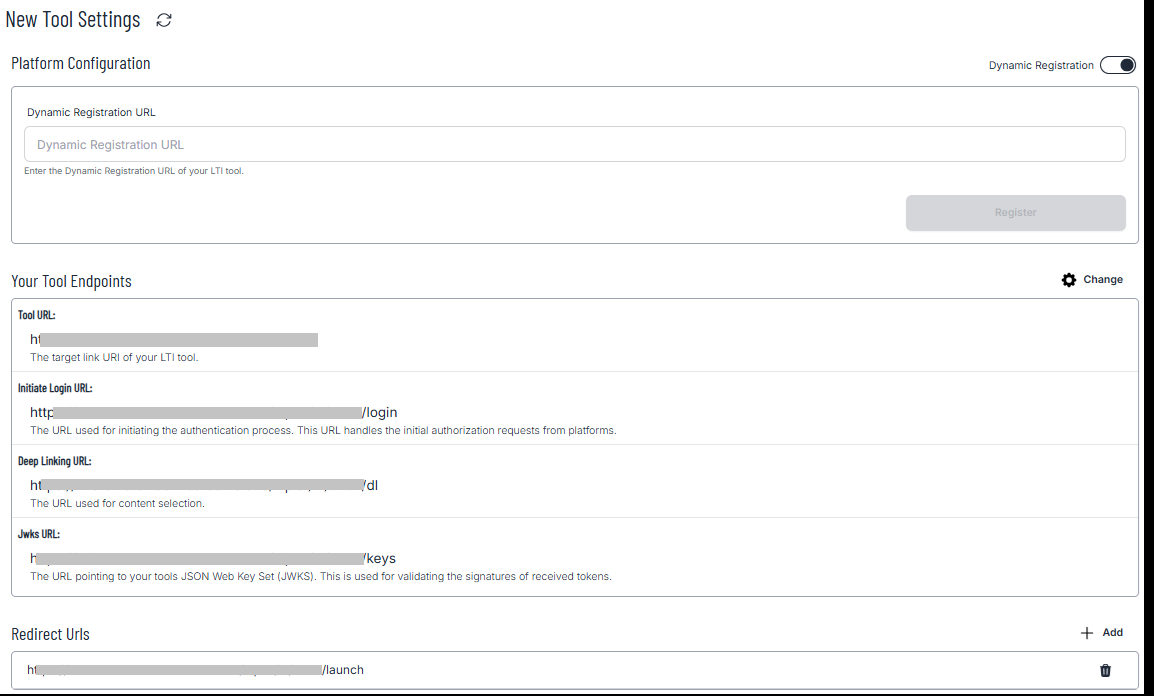 Screenshot of Tool Dynamic Registration configuration.